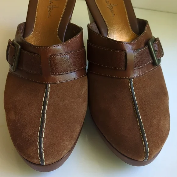 Cole Haan Ladies Brown High Heels Suede Slip-on Mules with Buckle - Picture 4 of 8